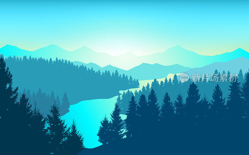 Vector background. Morning in beautiful mountains with river. Abstract illustration mountains and dense forest down to the valley in the foreground. Mountain landscape.